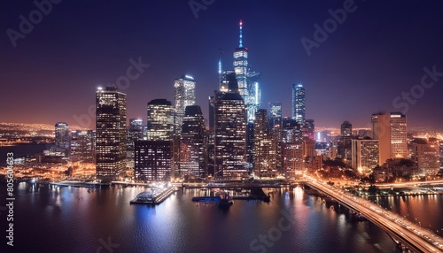 Panoramic night view of a bustling city skyline illuminated by lights