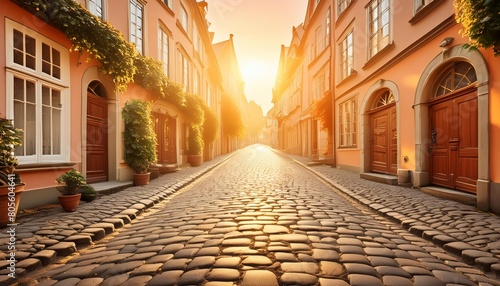 Sunrise over cobbled street in old european town
