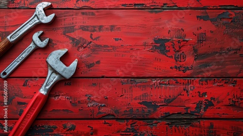 Two Wrenches and a Hammer on Red Painted Wooden Surface