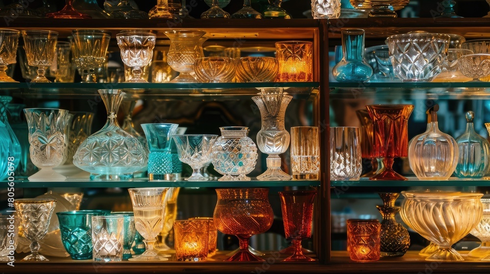 A shelf full of glass vases and glasses, some of which are lit up