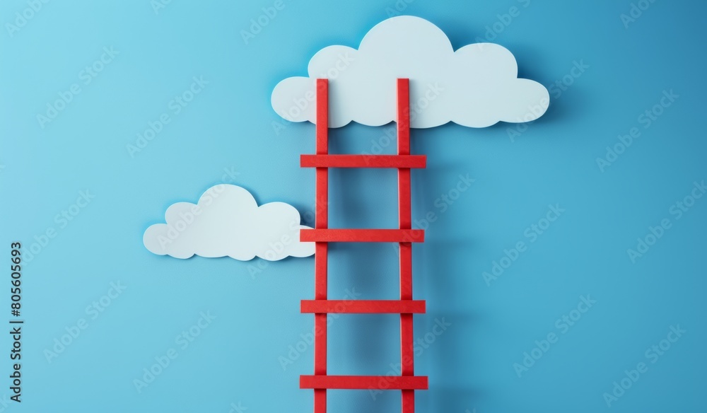 Red ladder climbing up into the clouds, in the paper cutout style, with a simple and minimalistic design, on a blue background with white cloud shapes. Red ladder climbing up into the clouds, in the paper cutout style, with a simple and minimalistic design, on a blue background with white cloud shapes.