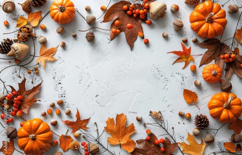 Autumn Leaves and Pine Cones on White Background