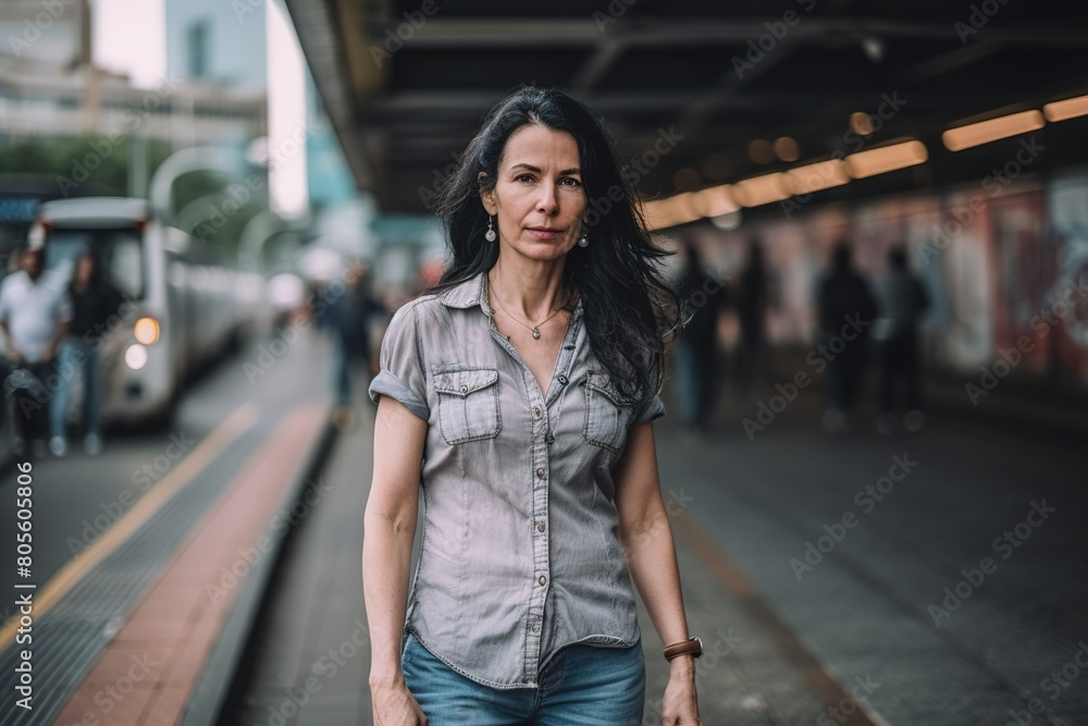 A woman is walking on a sidewalk near a train station