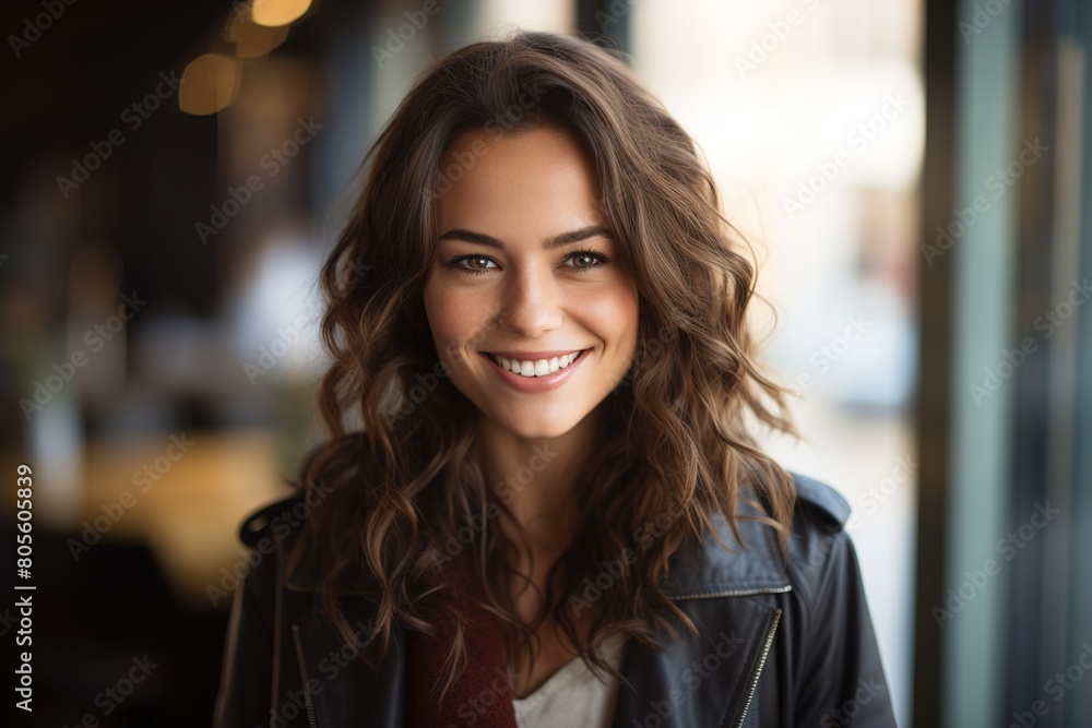 A woman with long brown hair is smiling and wearing a leather jacket A woman with long brown hair is smiling and wearing a leather jacket