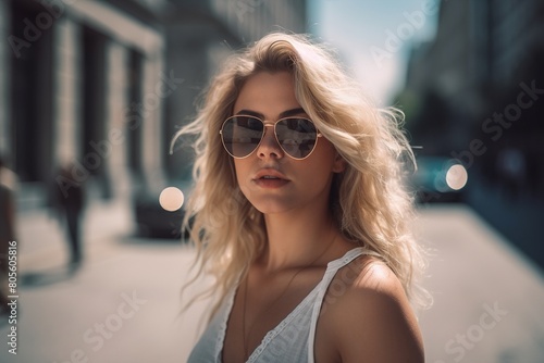 A blonde woman wearing sunglasses and a white tank top poses for the camera