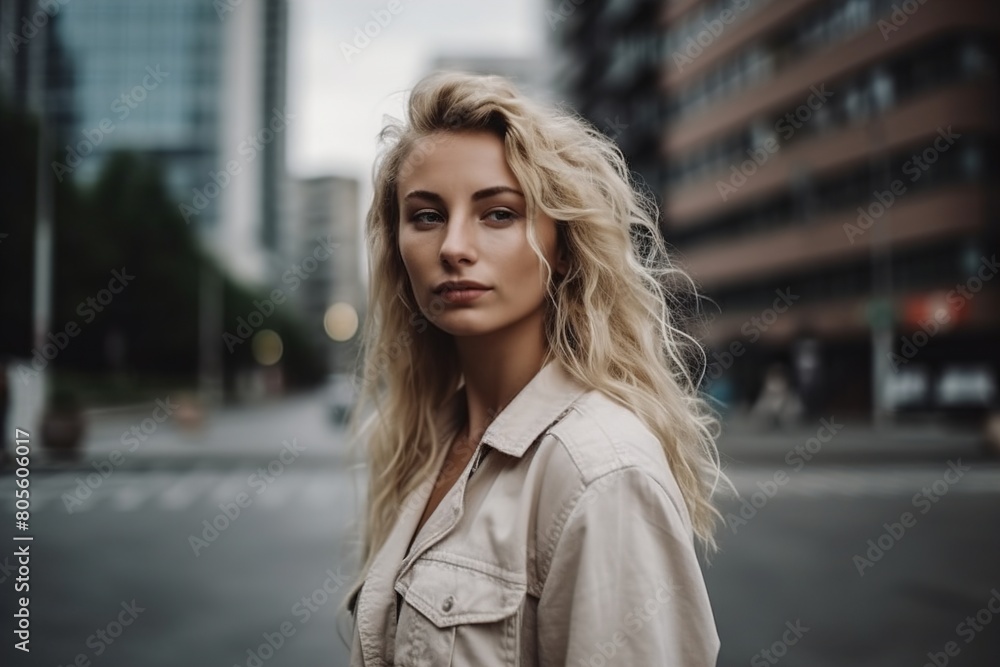 Obraz premium A blonde woman stands on a city street in a tan jacket