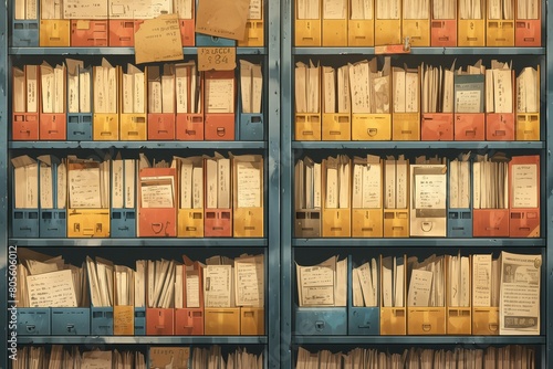 A closeup of colorful file cabinets arranged on shelves, each holding various documents and papers, symbolizing the wide range of information within an ID card's history section. 