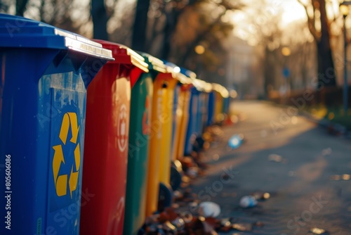 Row of colorful trash cans with recycling symbols on them, near a park in an urban area, in the morning light with a blurred background, shot from a low angle.