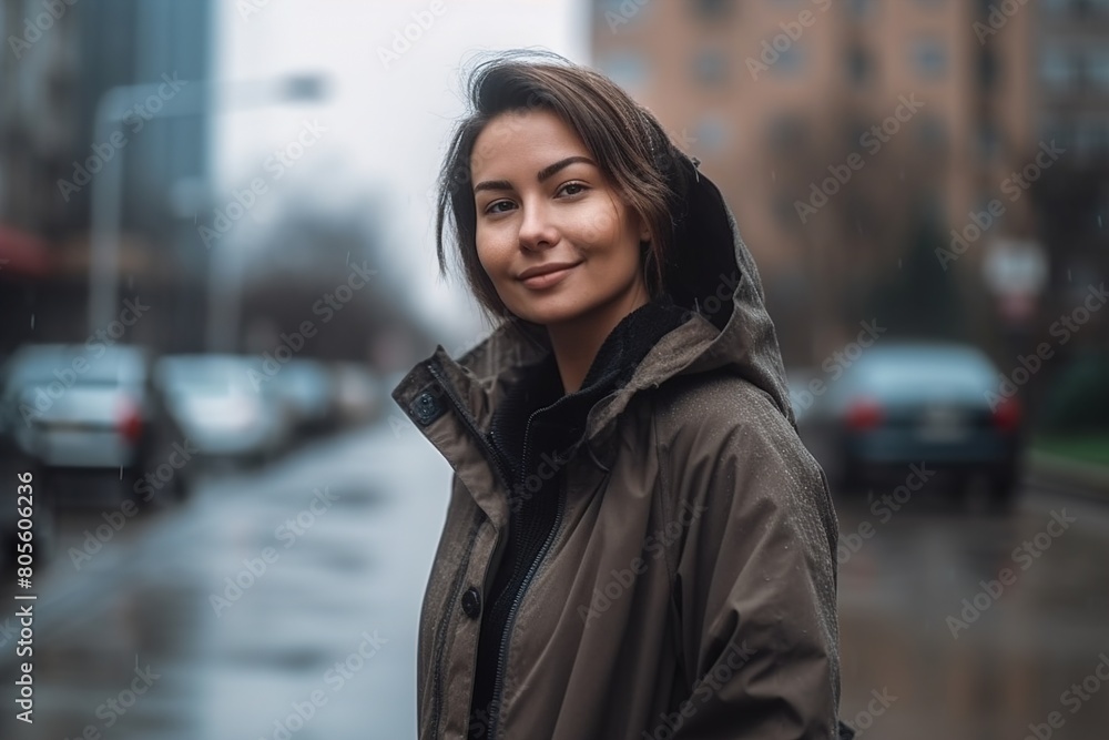 Obraz premium A woman is standing on a wet street wearing a black coat and smiling