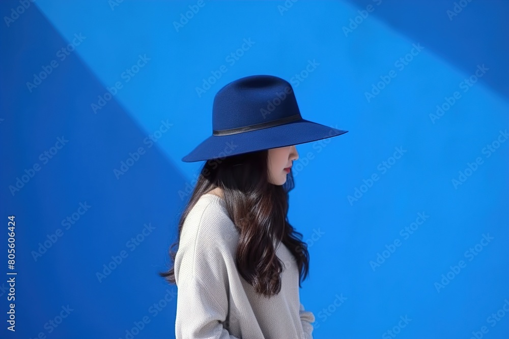 A woman wearing a blue hat stands in front of a blue wall A woman wearing a blue hat stands in front of a blue wall