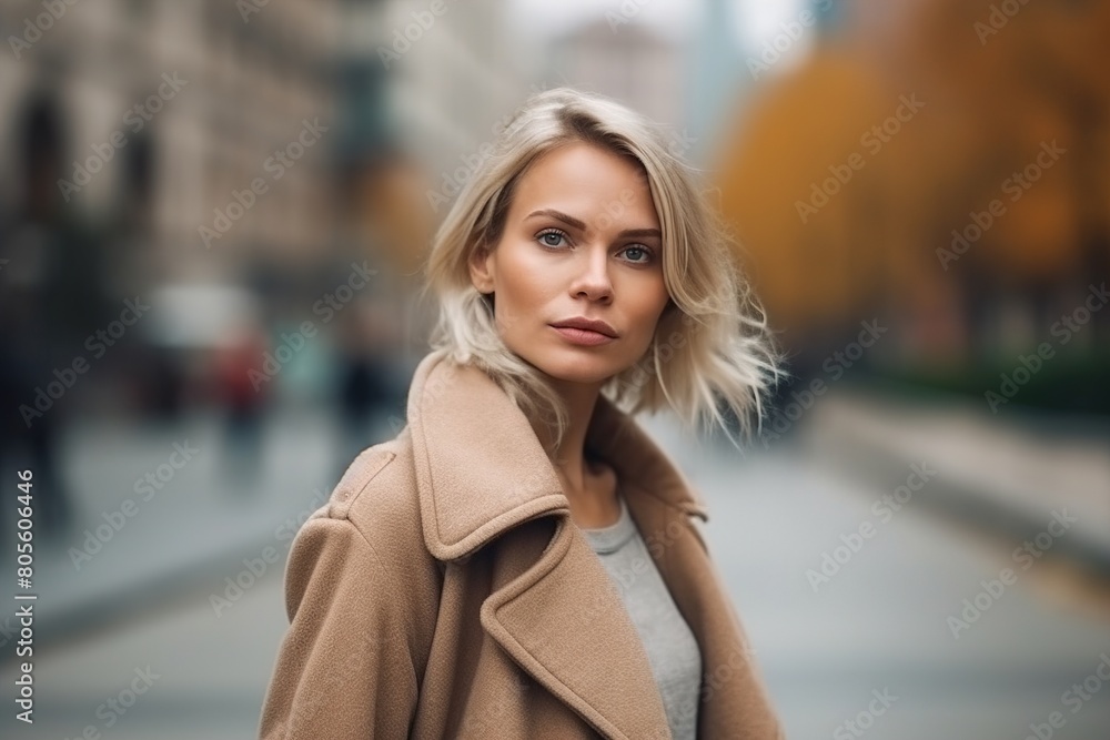 A blonde woman wearing a tan coat stands on a city street