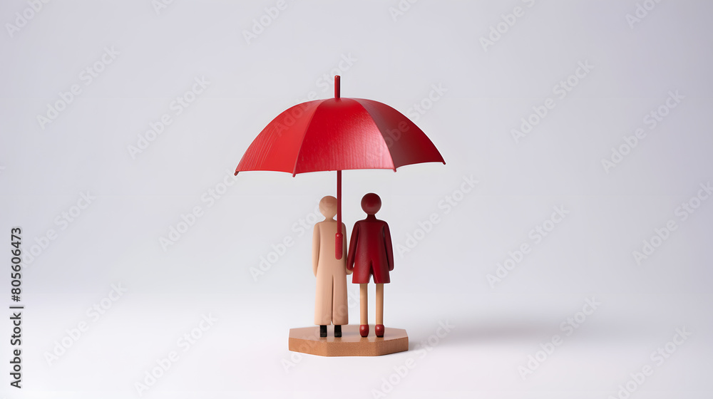 Wooden family figures under umbrella .Insurance coverage concept. Wooden family figures under umbrella .Insurance coverage concept.