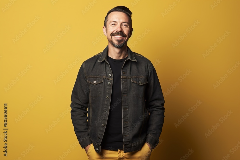 Obraz premium A man in a black jacket and yellow pants is smiling