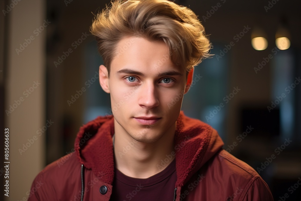 A young man with blonde hair and blue eyes is wearing a red hoodie A young man with blonde hair and blue eyes is wearing a red hoodie