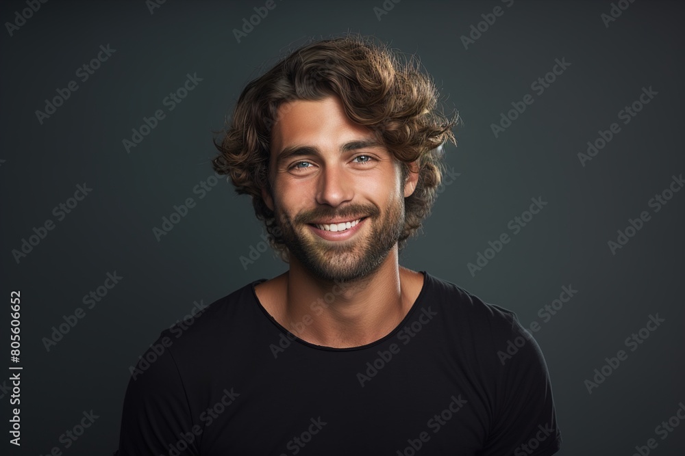 Naklejka premium A man with a big smile on his face is wearing a black shirt