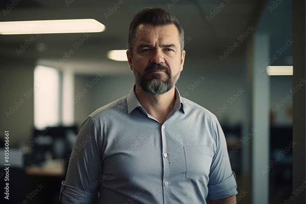 Obraz premium A man with a beard and a shirt with a pattern on it