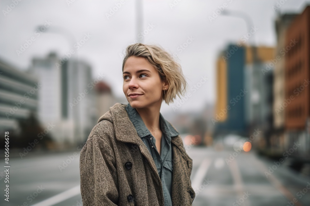 A woman wearing a coat and smiling in front of a building A woman wearing a coat and smiling in front of a building