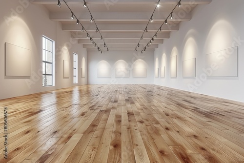 An empty art gallery space with whitewashed walls, arched alcoves, and glossy wooden floors photo