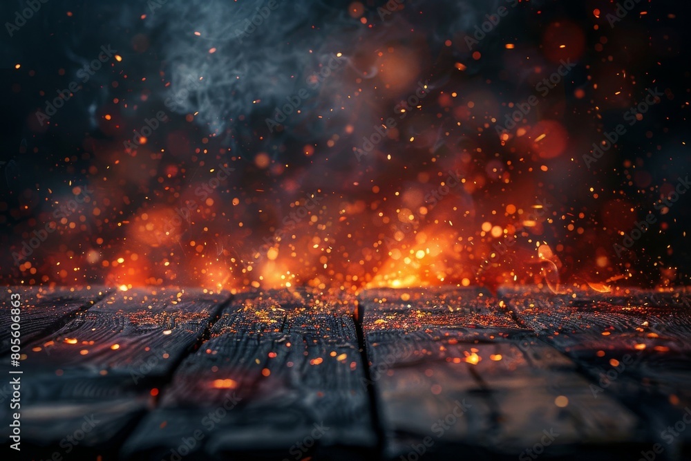 This image captures the intensity of fire embers on a wooden surface, creating a fiery scene This image captures the intensity of fire embers on a wooden surface, creating a fiery scene