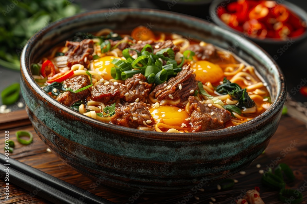 A delectable Korean beef stew with noodles, egg, and colorful vegetables in a rustic bowl signifies taste A delectable Korean beef stew with noodles, egg, and colorful vegetables in a rustic bowl signifies taste