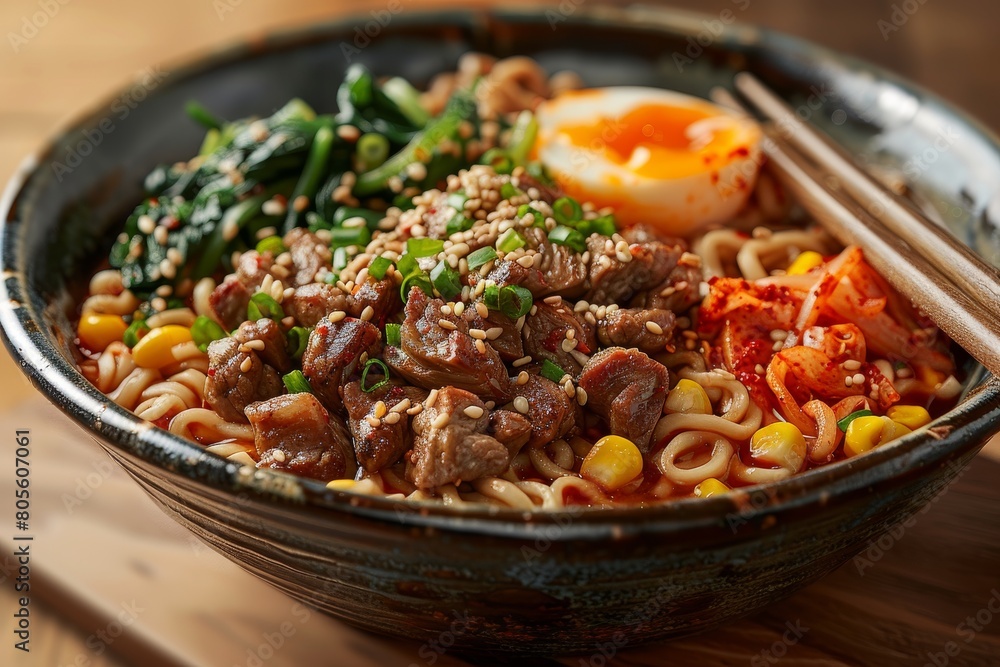 Close-up of a savory Korean noodle bowl, topped with beef and a perfectly soft-boiled egg, offers rich flavors Close-up of a savory Korean noodle bowl, topped with beef and a perfectly soft-boiled egg, offers rich flavors