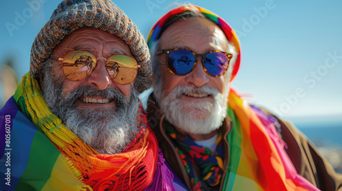 Happy senior gay male couple hugging during pride month celebration wearing rainbow flag