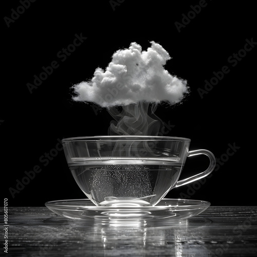 Cup of boiling water with a steam cloud against a black background with copy space, creative minimalist design photo