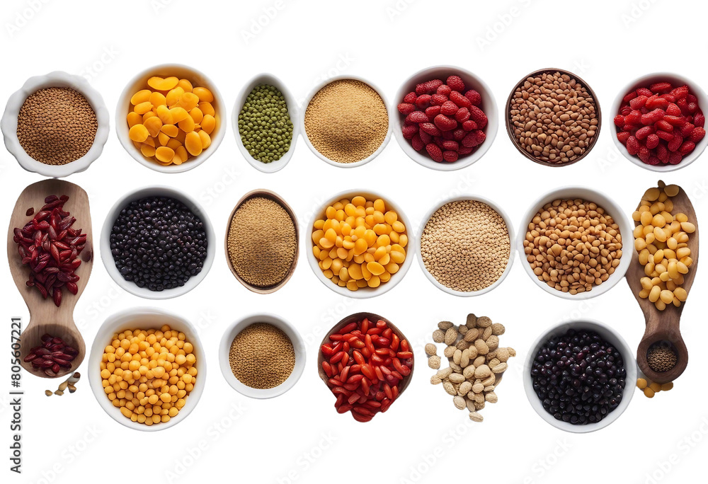 Superfoods and cereals selection in bowls quinoa chia goji berry mung bean buckwheat bean turmeric top view isolated on transparent background Superfoods and cereals selection in bowls quinoa chia goji berry mung bean buckwheat bean turmeric top view isolated on transparent background