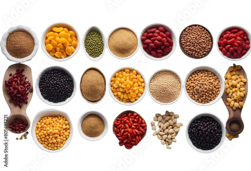 Superfoods and cereals selection in bowls quinoa chia goji berry mung bean buckwheat bean turmeric top view isolated on transparent background