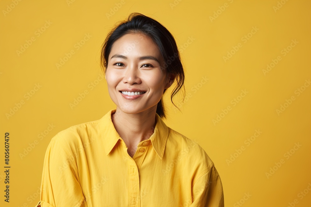 Fototapeta premium A woman in a yellow shirt is smiling and looking at the camera