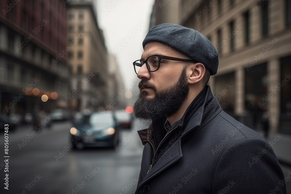 Fototapeta premium A man with a beard and glasses is standing on a city street