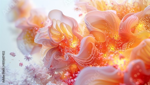 Illustrate a close-up abstract concept symbolizing a florist shop run by a cheerful woman. Blend intricate floral motifs,