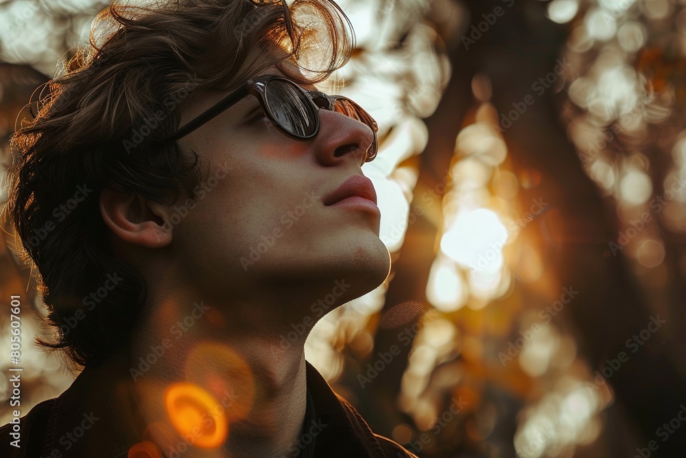A man with glasses is looking up at the sun A man with glasses is looking up at the sun