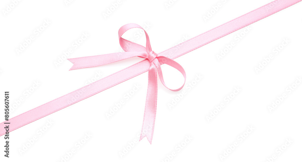 Pink satin ribbon with bow on white background, above view Pink satin ribbon with bow on white background, above view