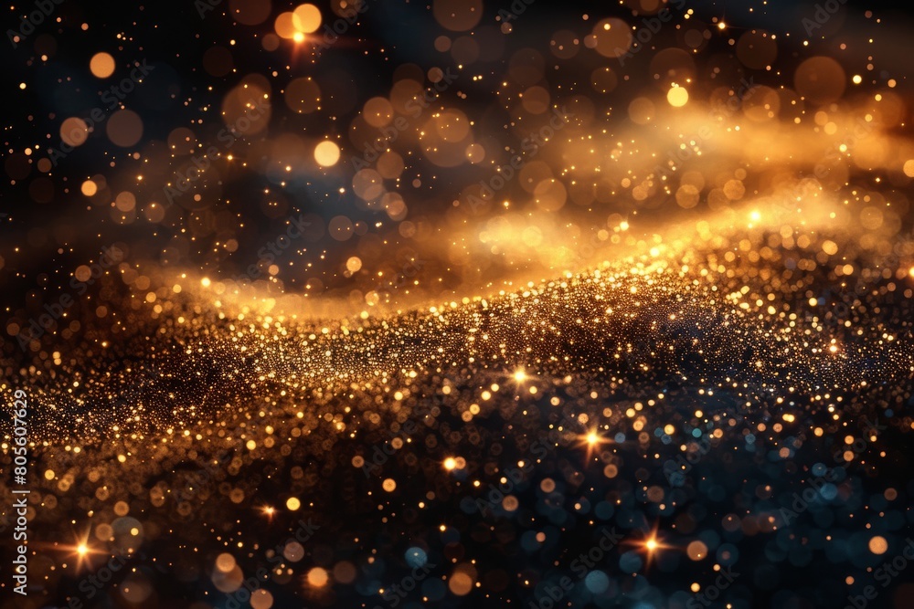 Captivating gold particles create a shimmering bokeh effect, engendering a sense of magic and whimsy over a dark background Captivating gold particles create a shimmering bokeh effect, engendering a sense of magic and whimsy over a dark background