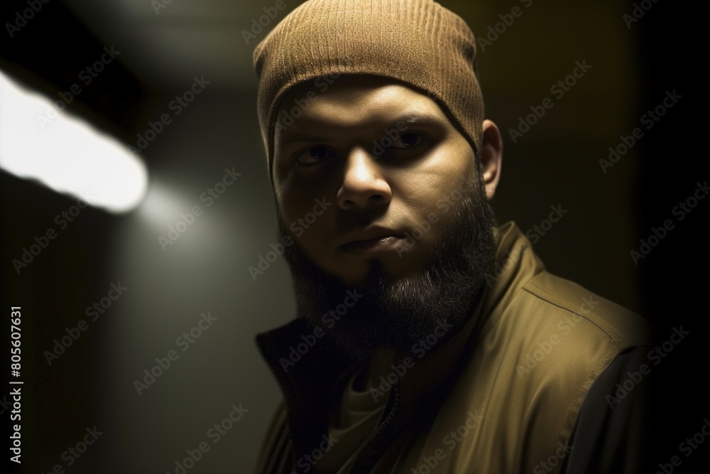 Obraz premium A man with a beard and a brown hat is standing in a dark room