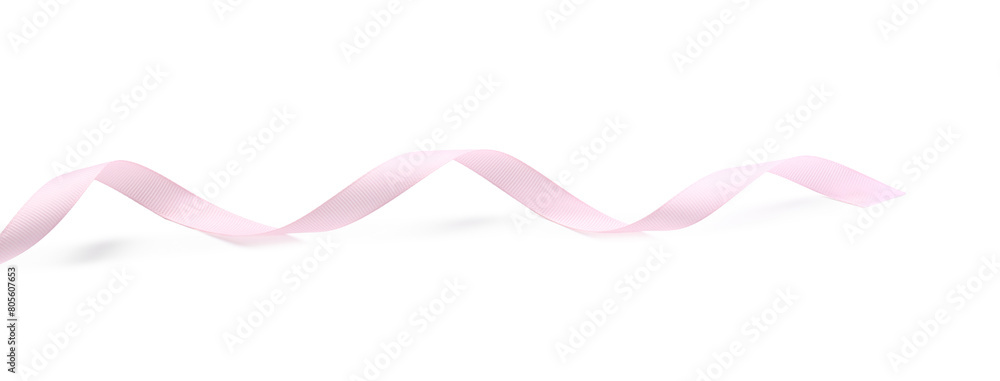 One pink ribbon on white background, above view