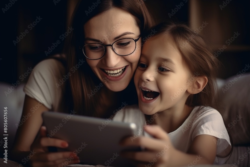 A woman and a young girl are looking at a tablet together A woman and a young girl are looking at a tablet together