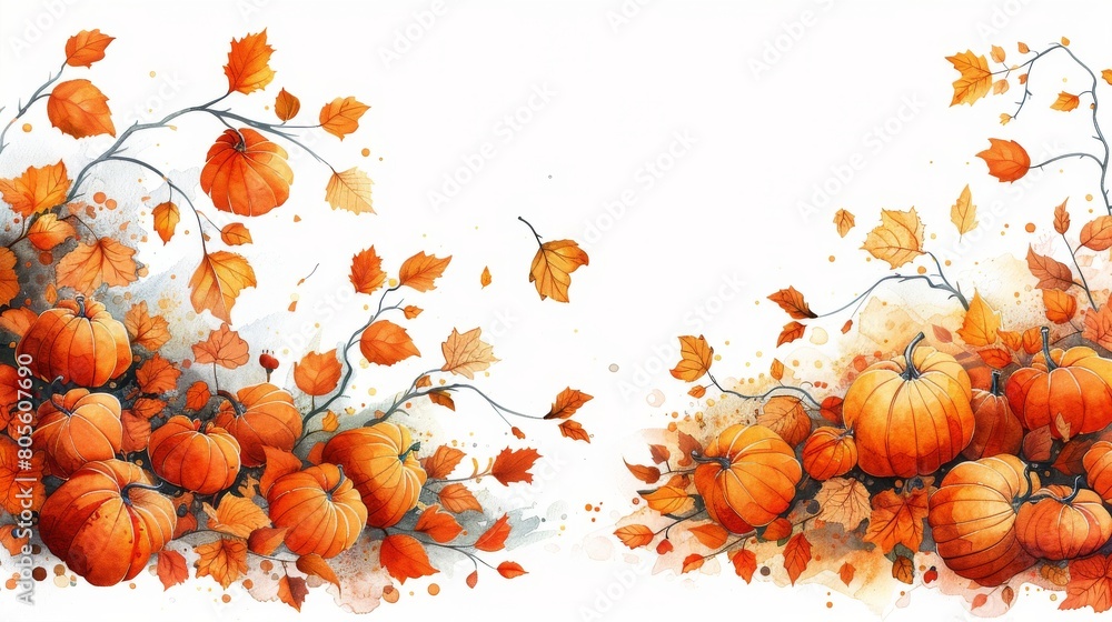Naklejka premium Two Paintings of Pumpkins and Leaves on a White Background