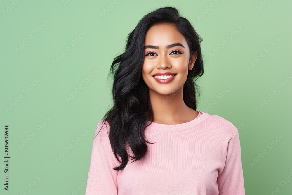 A woman with long hair is smiling and wearing a pink shirt A woman with long hair is smiling and wearing a pink shirt