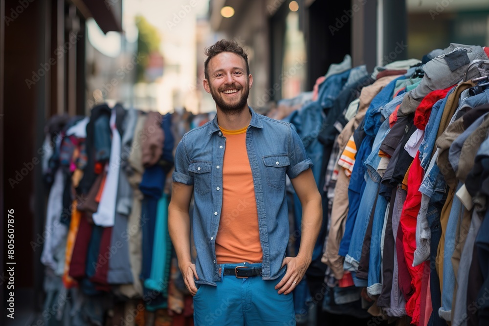 A man is smiling in front of a rack of clothes A man is smiling in front of a rack of clothes