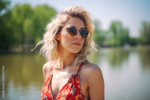 A blonde woman wearing sunglasses and a red dress poses for a picture by a lake © Juan Hernandez