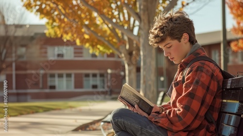 A student engrossed in a book while sitting on a bench in a high school yard photo