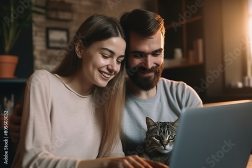A man and woman are sitting at a table with a cat on the laptop
