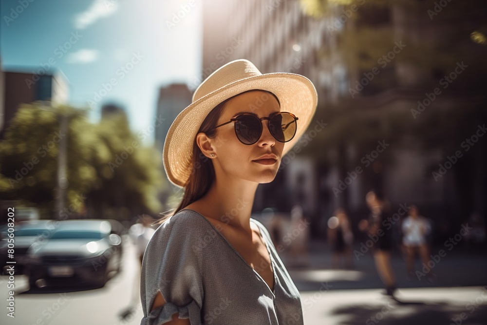 A woman wearing a straw hat and sunglasses stands on a city street