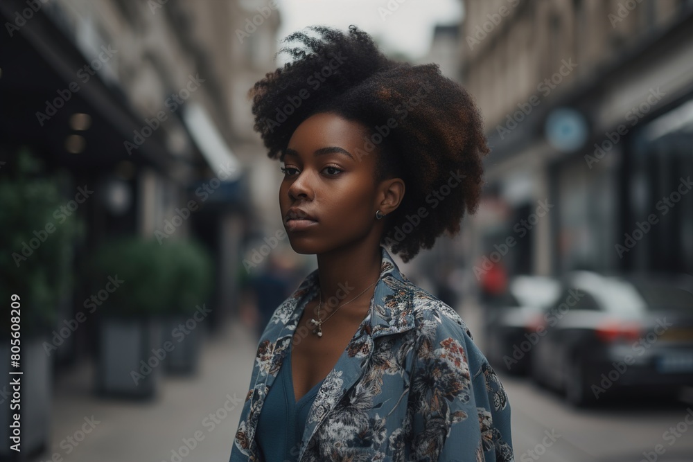 A woman with curly hair stands on a city street A woman with curly hair stands on a city street