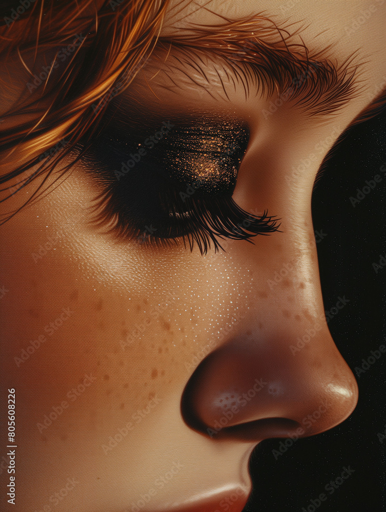 A close-up captures the side of a woman's face, adorned with freckles, closed eyes, black eyeshadow, and long, lush lashes.