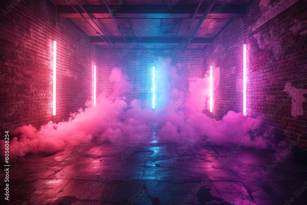 Obraz premium Dramatic neon lights pierce through a thick, atmospheric fog within a gritty brick interior space