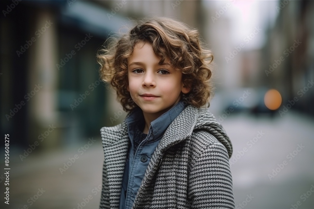 A young boy with curly hair is standing on a sidewalk in front of a building A young boy with curly hair is standing on a sidewalk in front of a building