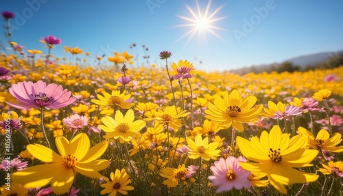 A blanket of colorful wildflowers  primarily yellows and pinks  under a clear blue sky